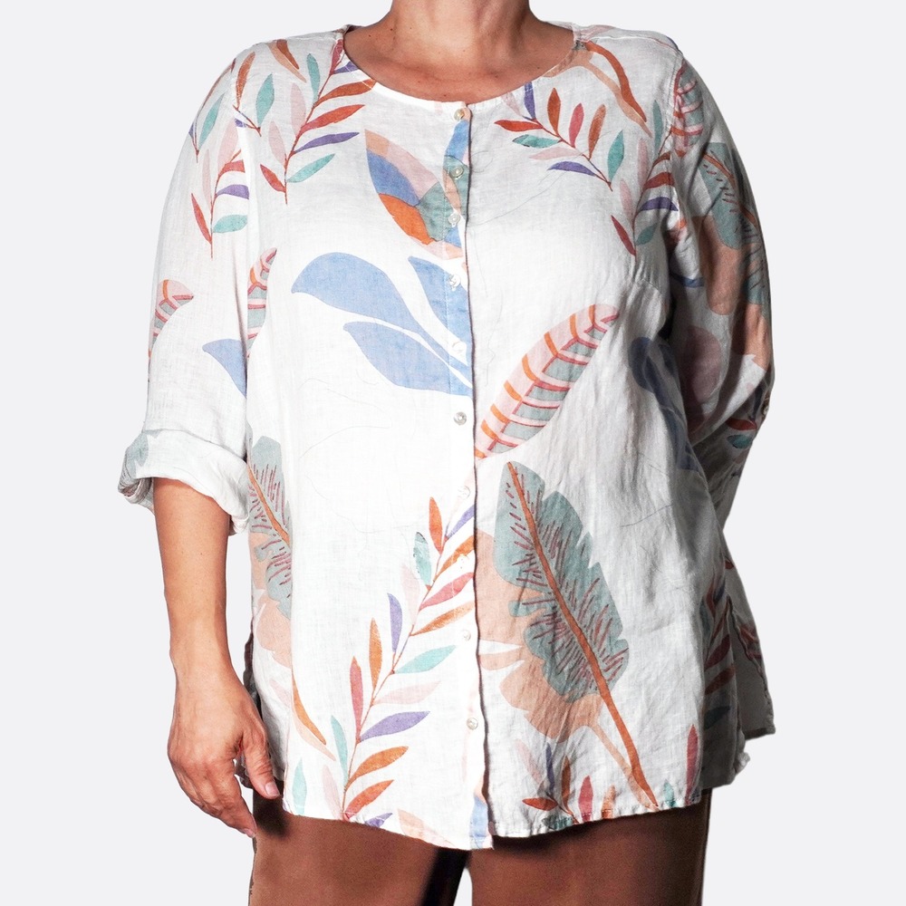 Cynthia Rowley 100% Linen Pastel Tropical Leaf Print 1X 2X 16 18 Button-Down Top